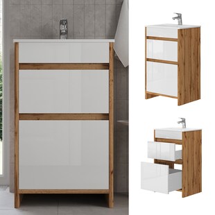 Vicco Badmöbel-Set Detmold Eiche Weiß Hochglanz 2-teilig Waschbecken Waschtischunterschrank 