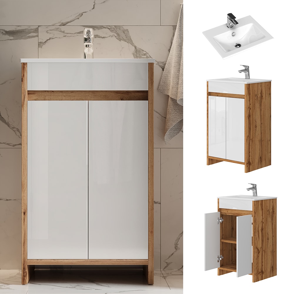 Vicco Badm&ouml;bel-Set Lemgo Eiche Wei&szlig; Hochglanz 2-teilig Waschbecken Waschtischunterschrank Fl&uuml;gelt&uuml;r 