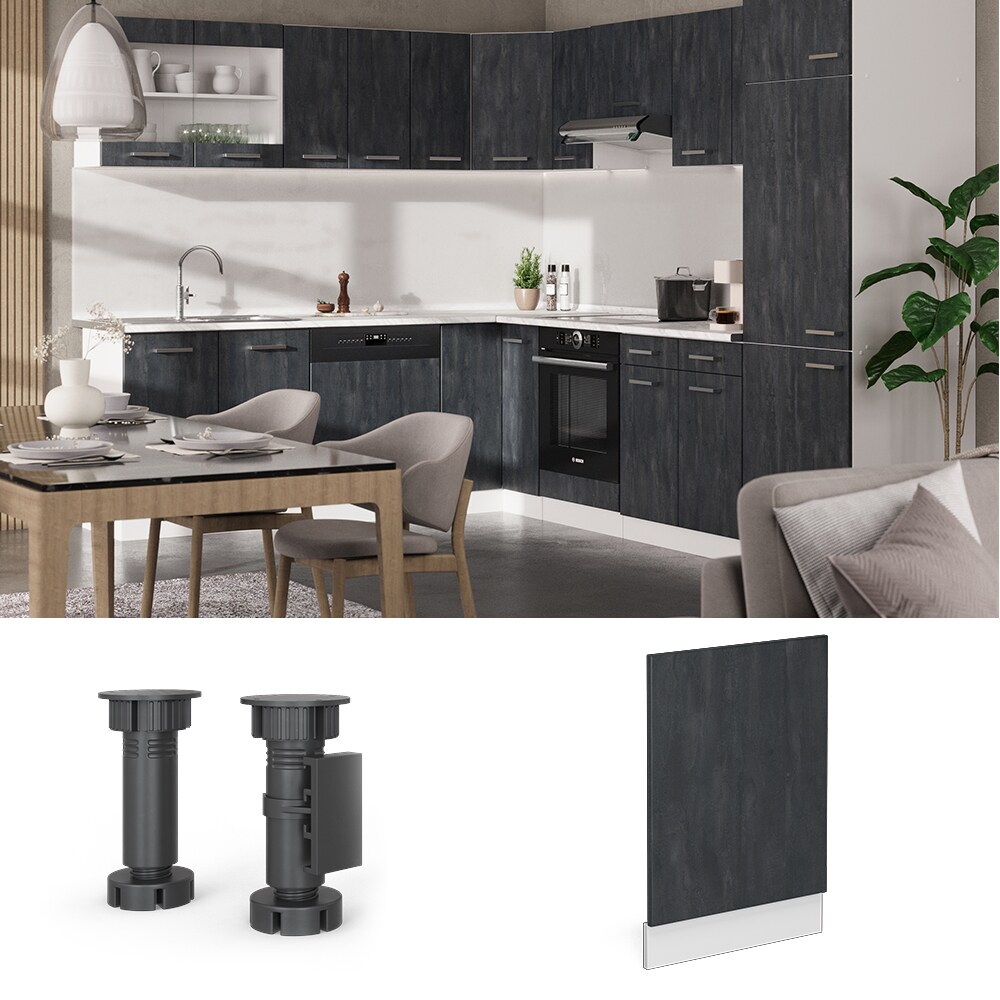 Vicco Geschirrsp&uuml;lerblende R-Line Schwarz Beton Wei&szlig; 45 cm mit Arbeitsplatte Eiche 