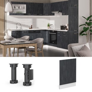 Vicco Geschirrspülerblende R-Line Schwarz Beton Weiß 45 cm mit Arbeitsplatte Weiß-Marmor 