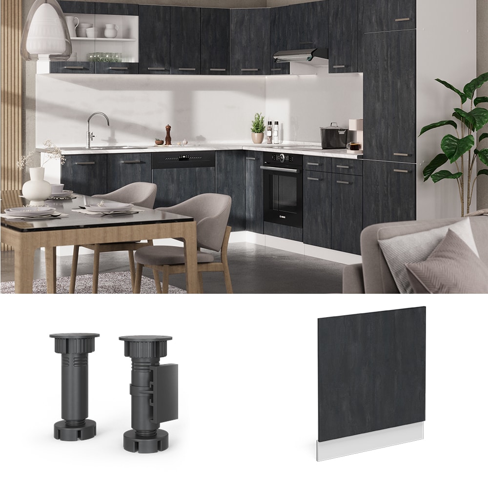 Vicco Geschirrsp&uuml;lerblende R-Line Schwarz Beton Wei&szlig; 60 cm mit Arbeitsplatte Wei&szlig;-Marmor 