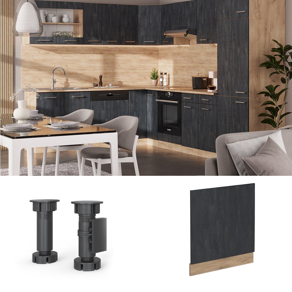 Vicco Geschirrsp&uuml;lerblende R-Line Schwarz Beton Eiche 60 cm mit Arbeitsplatte Eiche 