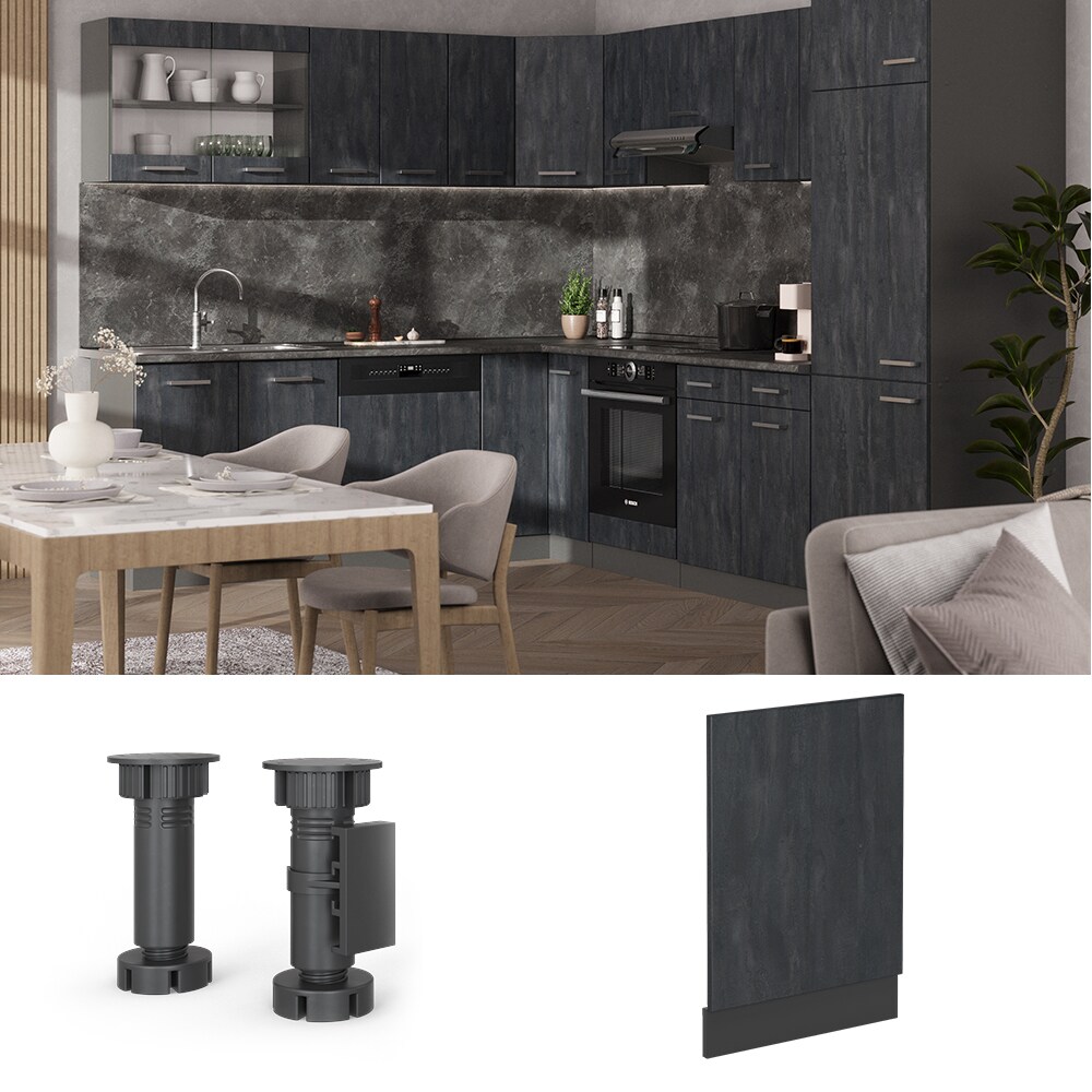 Vicco Geschirrsp&uuml;lerblende R-Line Schwarz Beton Anthrazit 45 cm mit Arbeitsplatte Eiche 