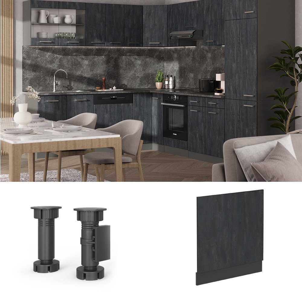 Vicco Geschirrsp&uuml;lerblende R-Line Schwarz Beton Anthrazit 60 cm mit Arbeitsplatte Wei&szlig;-Marmor 