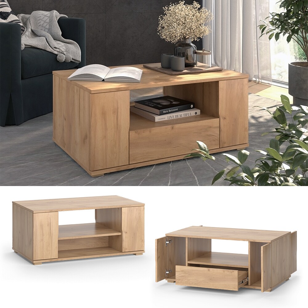 Vicco Couchtisch Arend Eiche 90 x 40 cm 1 Schublade 4 T&uuml;ren 