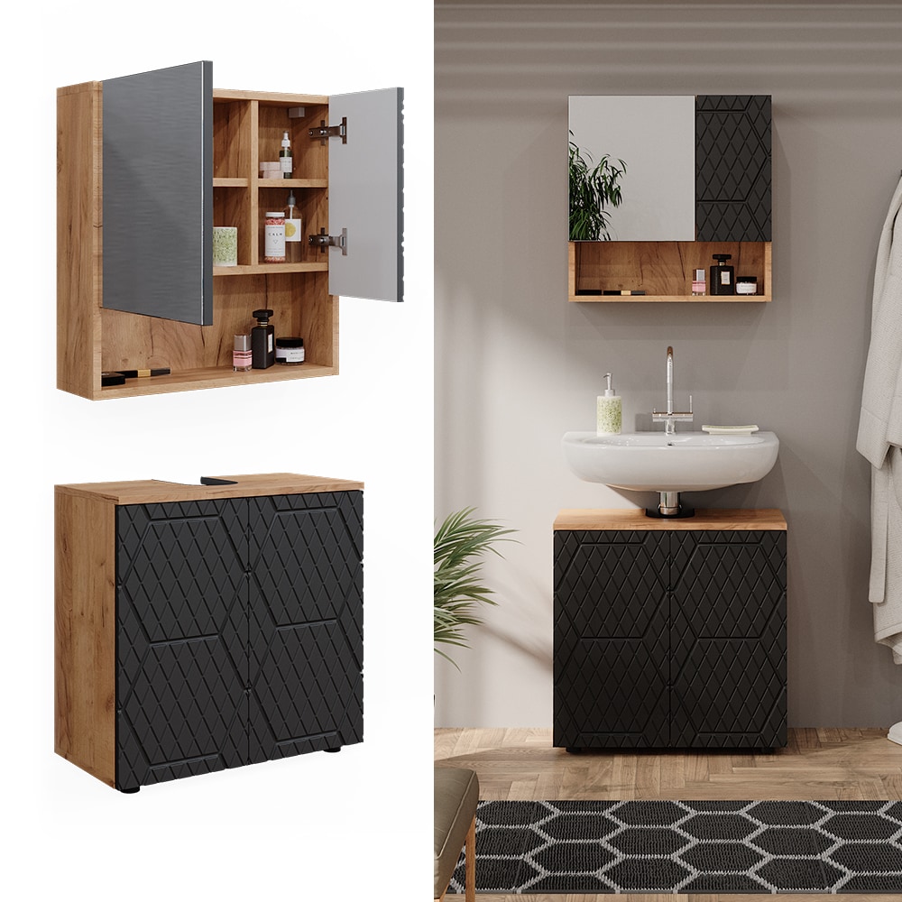 Vicco Badm&ouml;bel-Set Irma Eiche Anthrazit 2-teilig Spiegelschrank Waschbeckenschrank 60 cm 