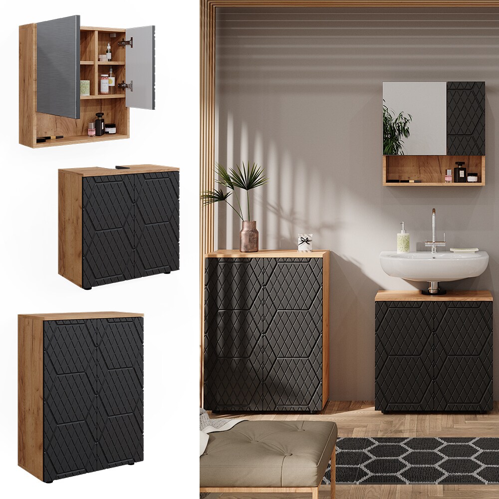 Vicco Badm&ouml;bel-Set Irma Eiche Anthrazit 3-teilig Kommode Waschbeckenschrank 60 cm 
