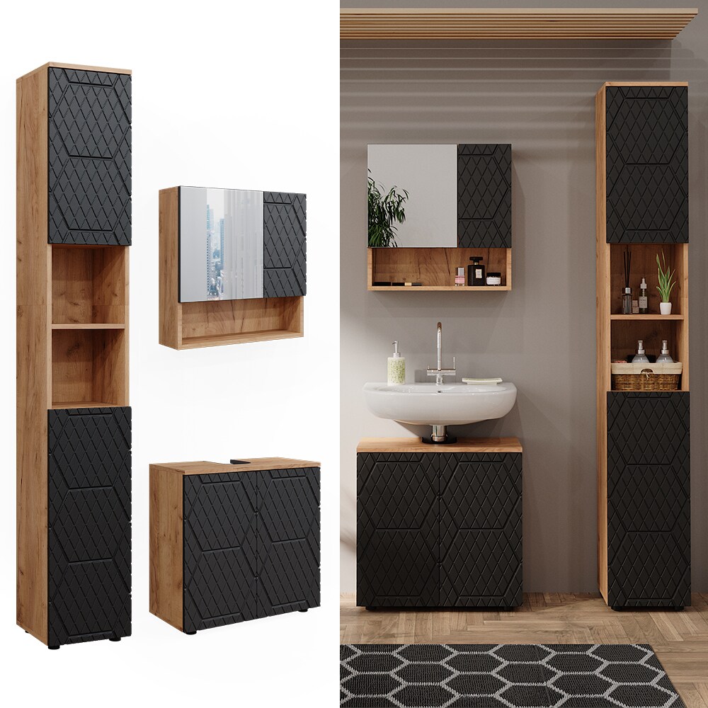 Vicco Badm&ouml;bel-Set Irma Eiche Anthrazit 3-teilig Hochschrank Waschbeckenschrank 60 cm 
