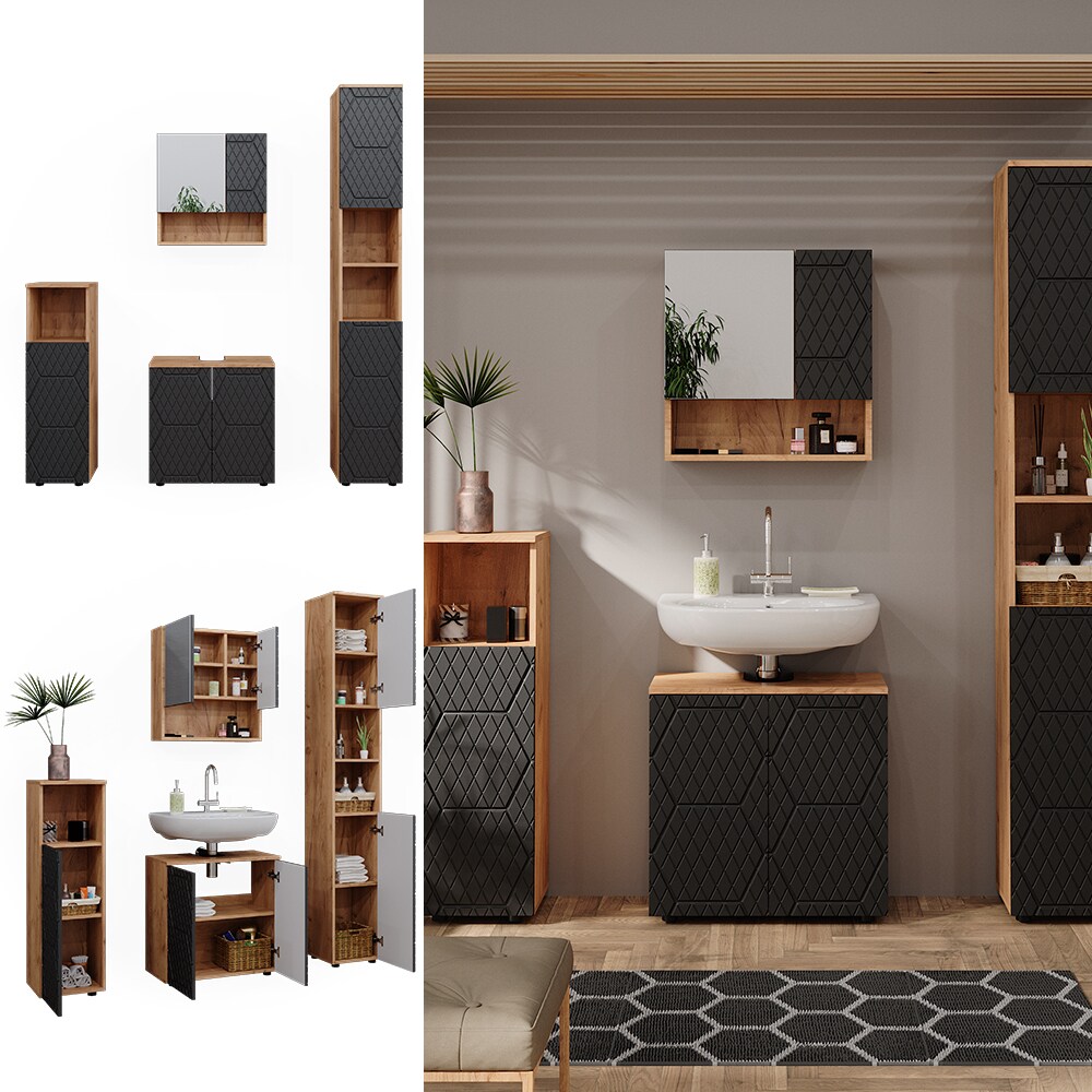 Vicco Badm&ouml;bel-Set Irma Eiche Anthrazit 4-teilig Hochschrank Midischrank 95 cm 