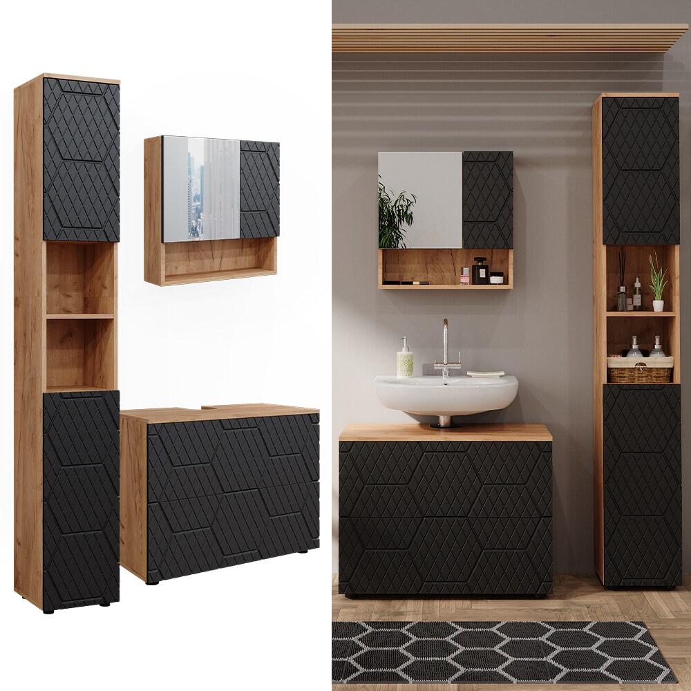 Vicco Badm&ouml;bel-Set Irma Eiche Anthrazit 3-teilig Hochschrank Waschbeckenschrank 80 cm 