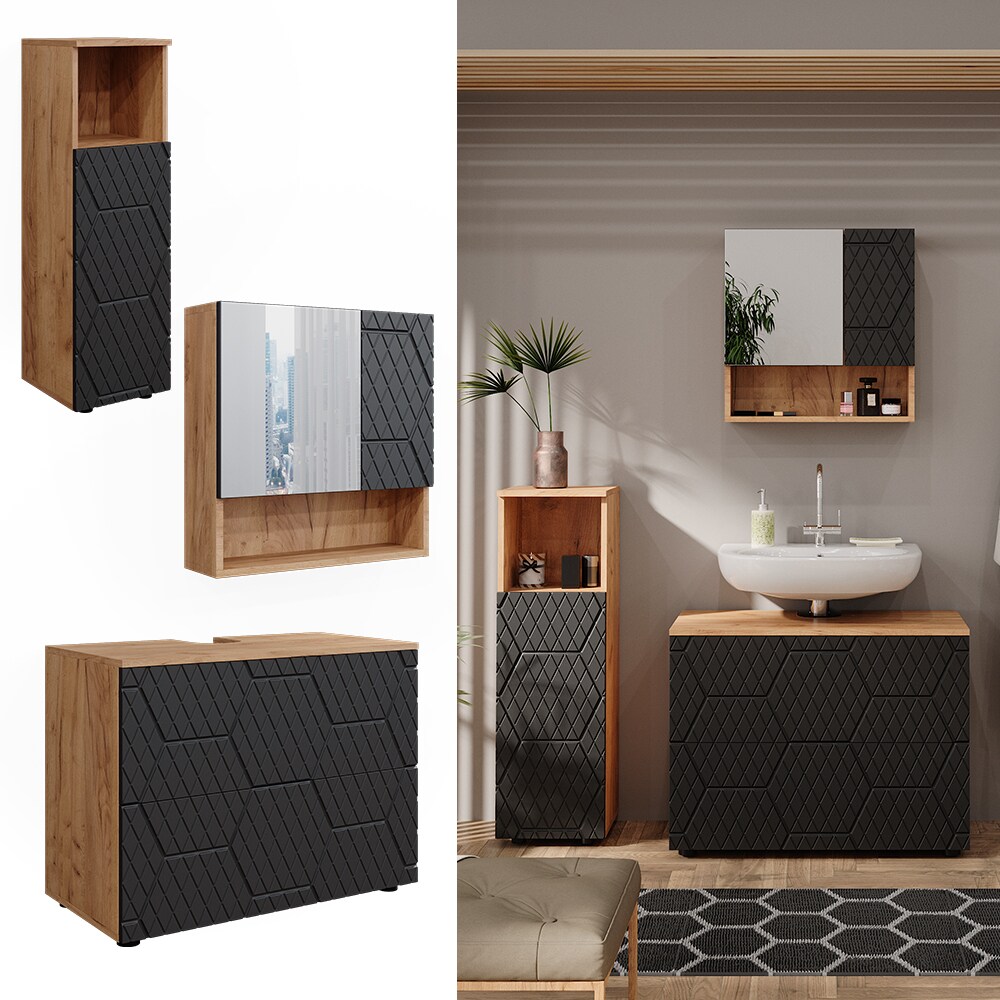 Vicco Badm&ouml;bel-Set Irma Eiche Anthrazit 4-teilig Midischrank 95 cm Waschbeckenschrank 80 cm 
