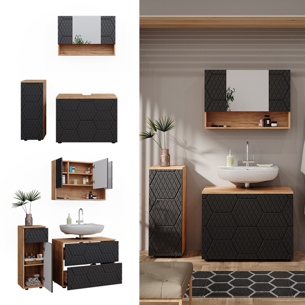 Vicco Badm&ouml;bel-Set Irma Eiche Anthrazit 3-teilig Midischrank 81 cm Waschbeckenschrank 80 cm 