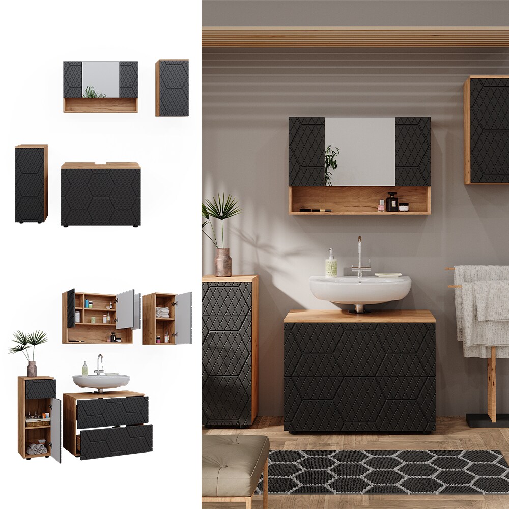 Vicco Badm&ouml;bel-Set Irma Eiche Anthrazit 4-teilig Midischrank 81 cm H&auml;ngeschrank 