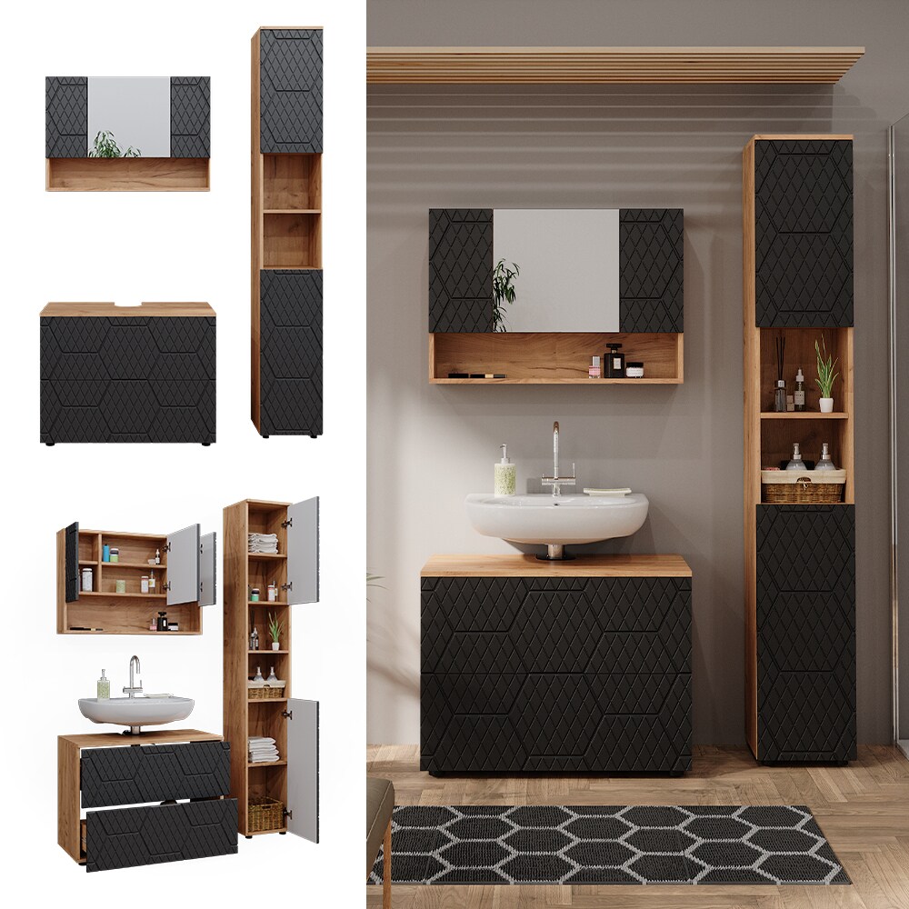 Vicco Badm&ouml;bel-Set Irma Eiche Anthrazit 3-teilig Hochschrank Waschbeckenschrank 80 cm 
