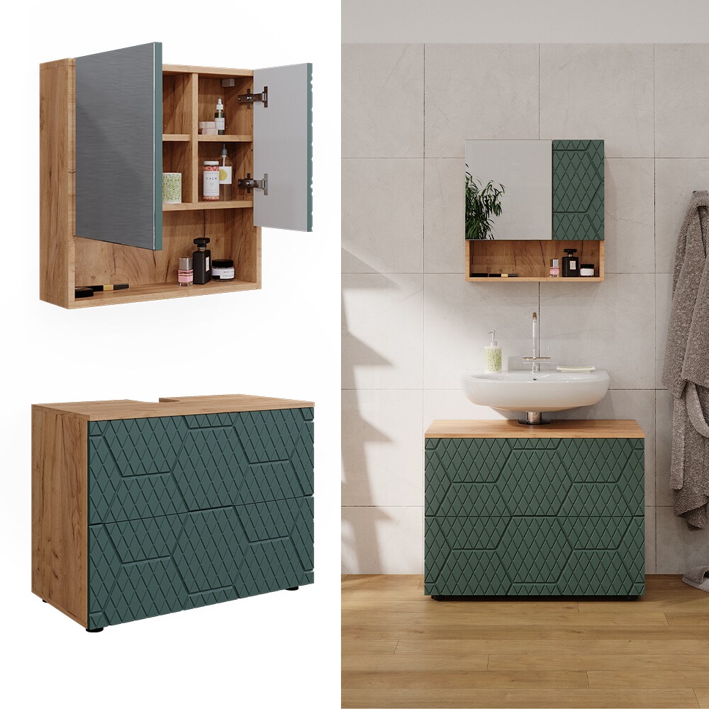 Vicco Badm&ouml;bel-Set Irma Eiche Gr&uuml;n 2-teilig Spiegelschrank Waschbeckenschrank 80 cm 