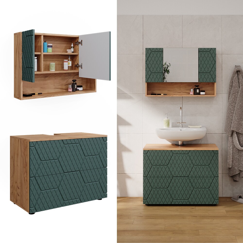 Vicco Badm&ouml;bel-Set Irma Eiche Gr&uuml;n 2-teilig Spiegelschrank Waschbeckenschrank 80 cm 