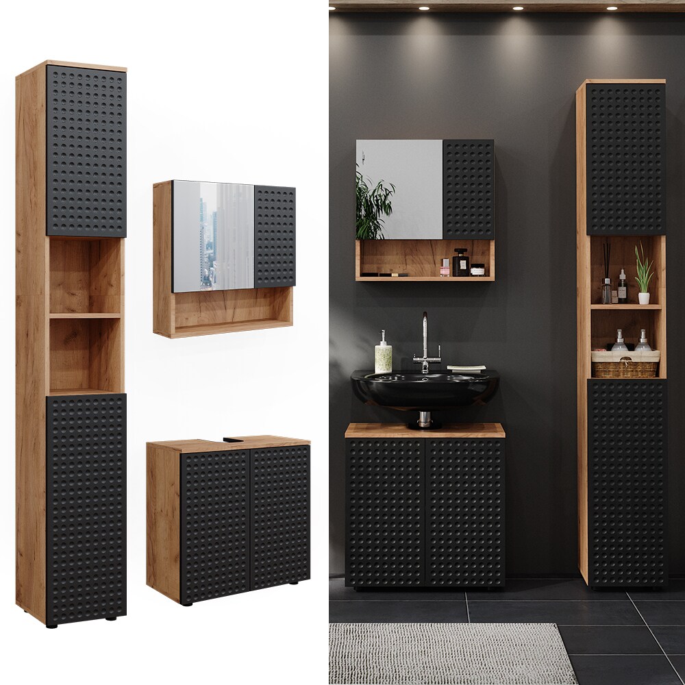 Vicco Badm&ouml;bel-Set Irma Eiche Anthrazit 3-teilig Hochschrank Waschbeckenschrank 60 cm 