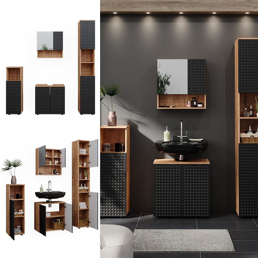 Vicco Badm&ouml;bel-Set Irma Eiche Anthrazit 4-teilig Hochschrank Midischrank 95 cm 