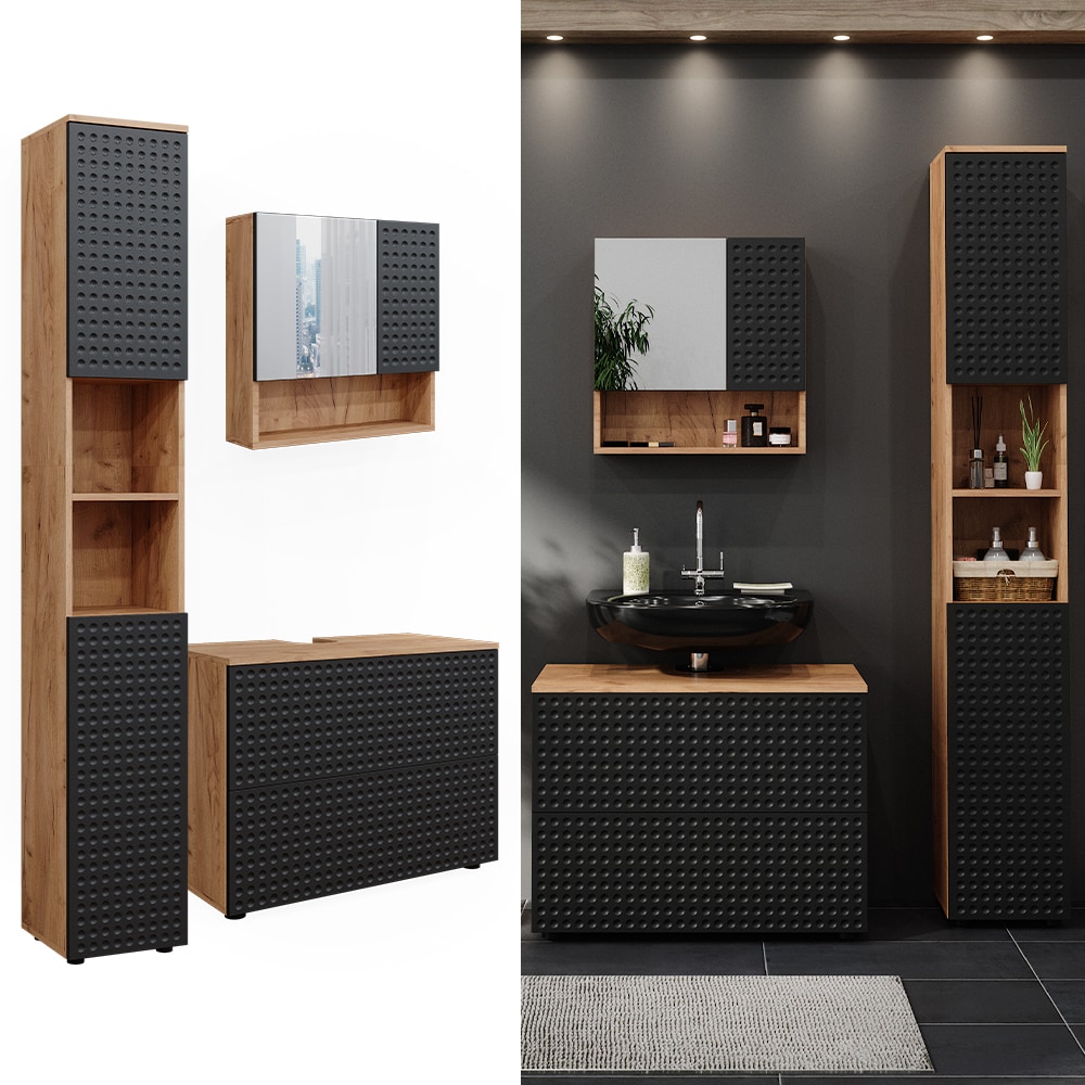 Vicco Badm&ouml;bel-Set Irma Eiche Anthrazit 3-teilig Hochschrank Waschbeckenschrank 80 cm 