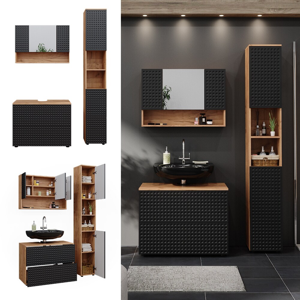 Vicco Badm&ouml;bel-Set Irma Eiche Anthrazit 3-teilig Hochschrank Waschbeckenschrank 80 cm 