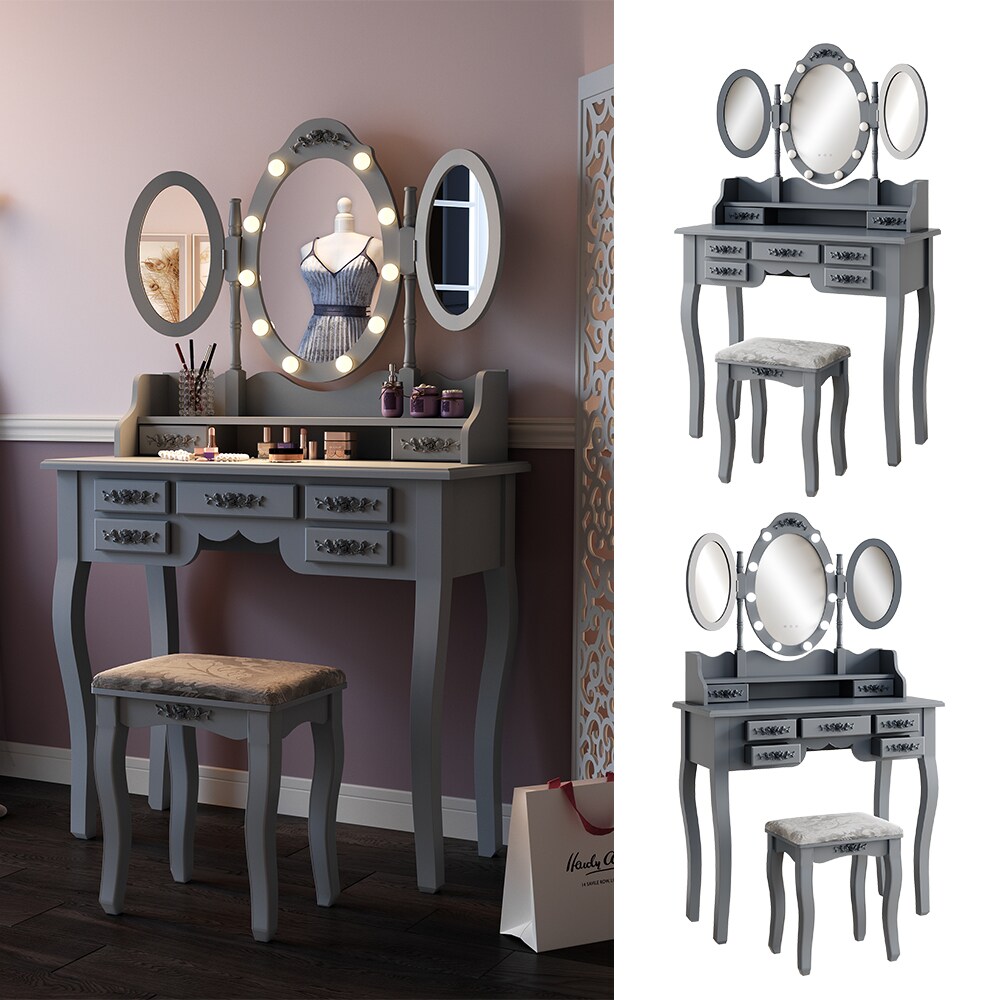 Vicco Schminktisch Diana Grau 90 cm mit Beleuchtung und Hocker 