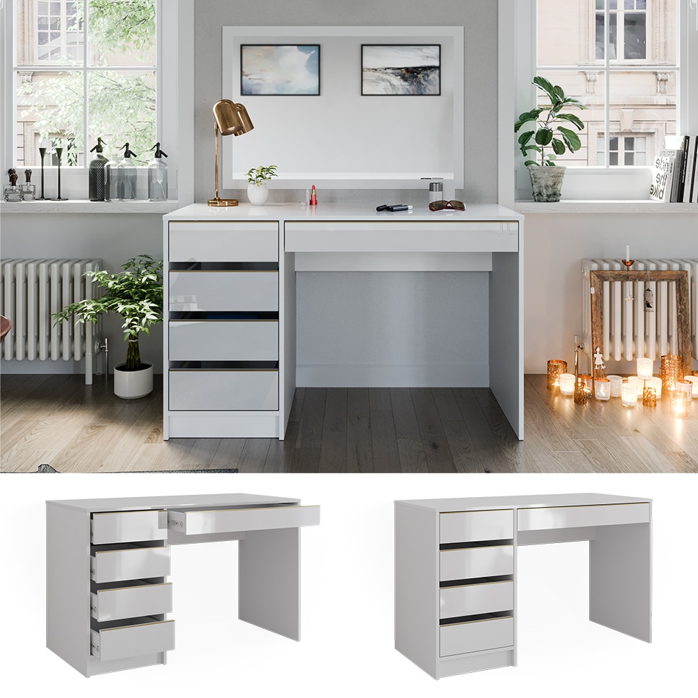 Vicco Schminktisch Sherry Wei&szlig; Hochglanz Gold 120 x 75 cm 5 Schubladen 