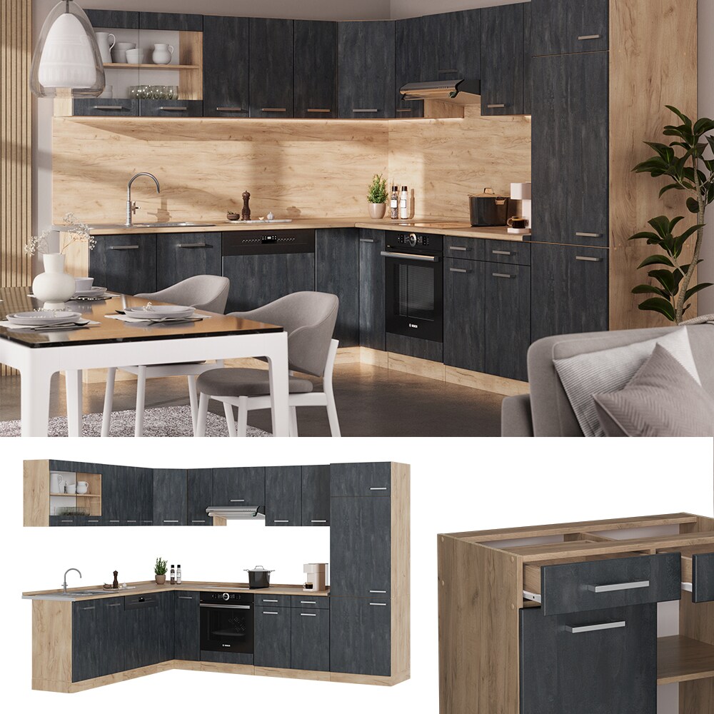 Vicco Eckk&uuml;che R-Line 287x227 cm Schwarz Beton Eiche ohne Arbeitsplatte 