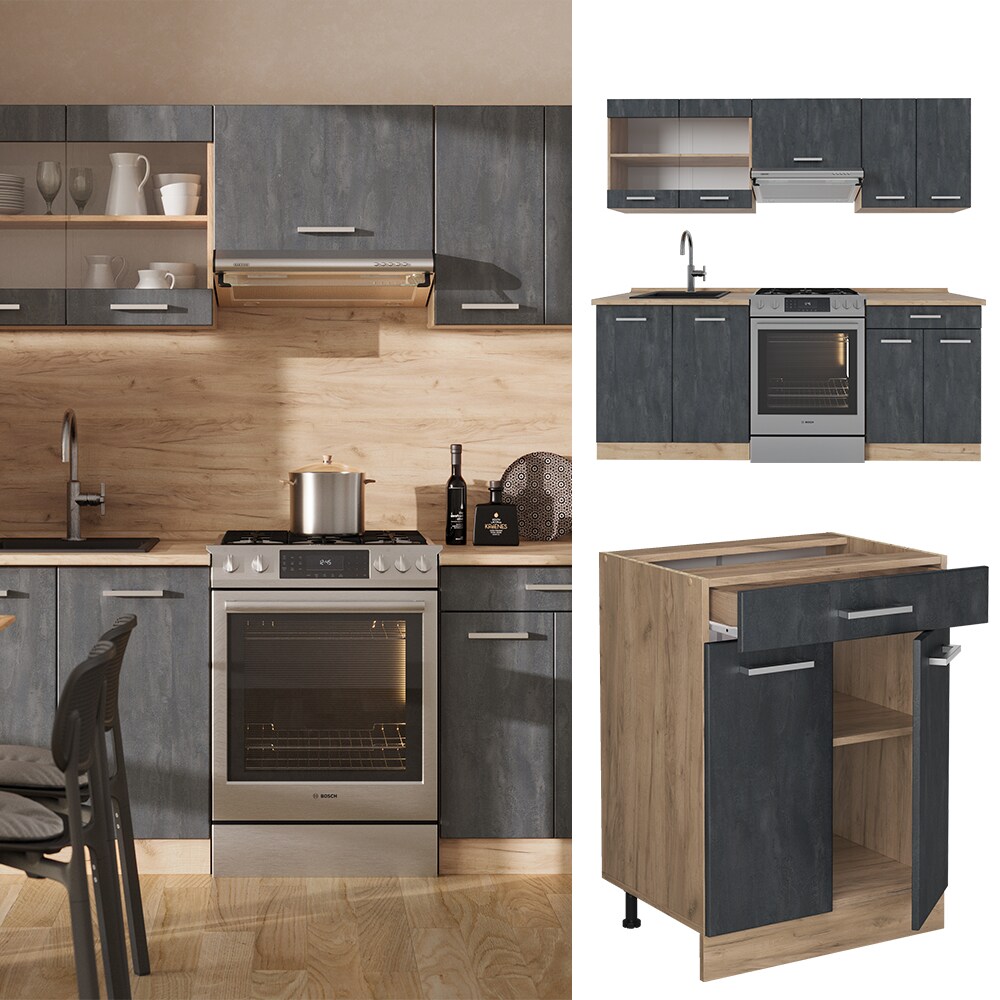 Vicco K&uuml;chenzeile R-Line 200 cm Schwarz Beton Eiche ohne Arbeitsplatte 