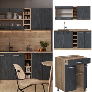 Vicco Singleküche R-Line 160 cm Schwarz Beton Eiche ohne Arbeitsplatte 