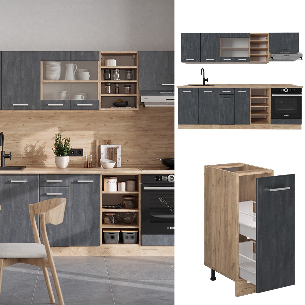 Vicco K&uuml;chenzeile R-Line 240 cm Schwarz Beton Eiche ohne Arbeitsplatte 