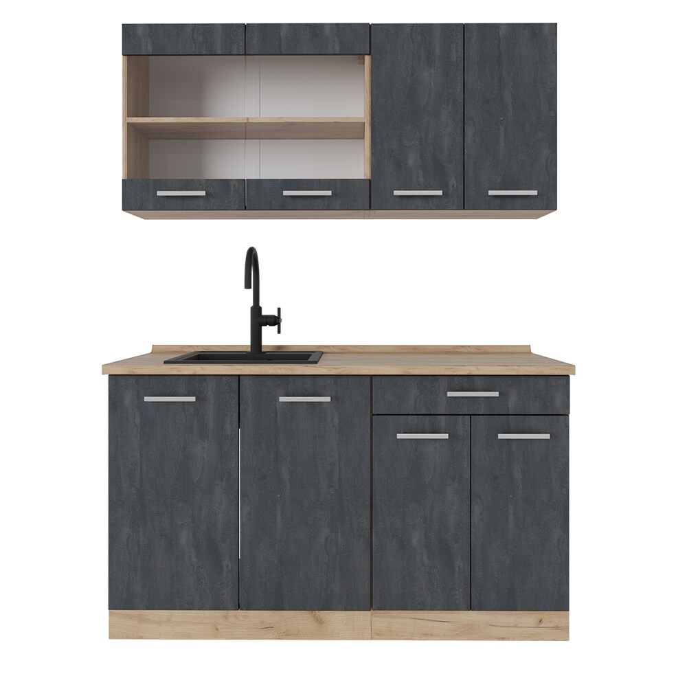 Vicco Singleküche R-Line 140 cm Schwarz Beton Eiche mit Arbeitsplatte Weiß-Marmor