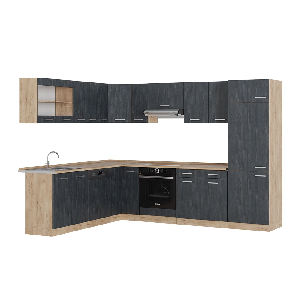 Vicco Eckküche R-Line 287x227 cm Schwarz Beton Eiche mit Arbeitsplatte Weiß-Marmor