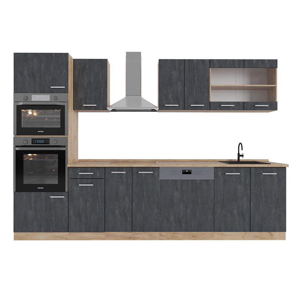 Vicco Küchenzeile R-Line 300 cm Schwarz Beton Eiche mit Arbeitsplatte Anthrazit