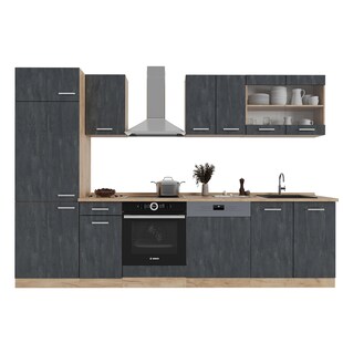 Vicco Küchenzeile R-Line 300 cm Schwarz Beton Eiche mit Arbeitsplatte Anthrazit 