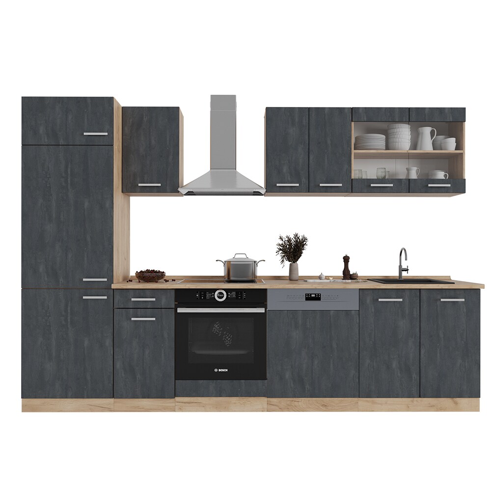 Vicco Küchenzeile R-Line 300 cm Schwarz Beton Eiche mit Arbeitsplatte Eiche