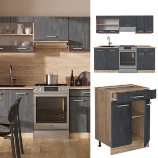 Vicco Küchenzeile R-Line 200 cm Schwarz Beton Eiche mit Arbeitsplatte Eiche 