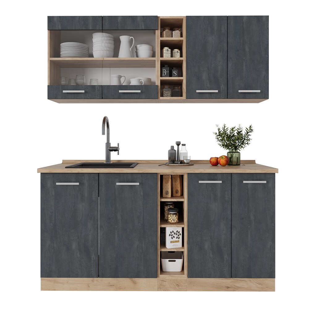 Vicco Singleküche R-Line 160 cm Schwarz Beton Eiche mit Arbeitsplatte Anthrazit