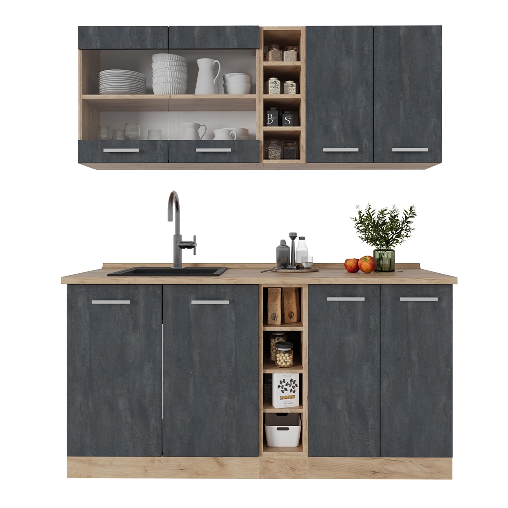 Vicco Singleküche R-Line 160 cm Schwarz Beton Eiche mit Arbeitsplatte Eiche