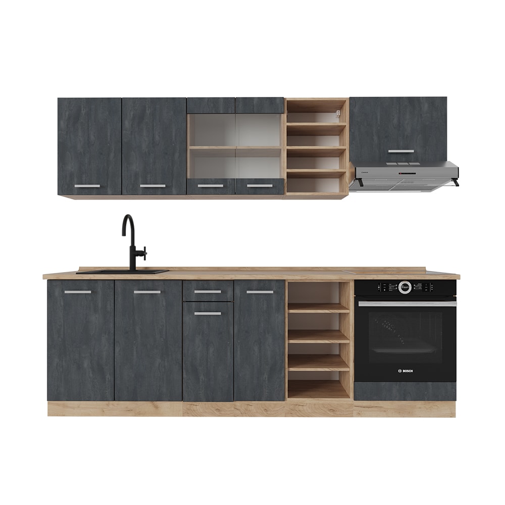 Vicco K&uuml;chenzeile R-Line 240 cm Schwarz Beton Eiche mit Arbeitsplatte Anthrazit 