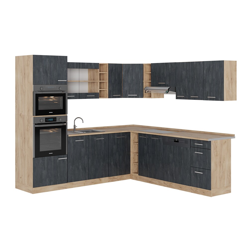 Vicco Eckküche R-Line 247x237 cm Schwarz Beton Eiche mit Arbeitsplatte Weiß-Marmor