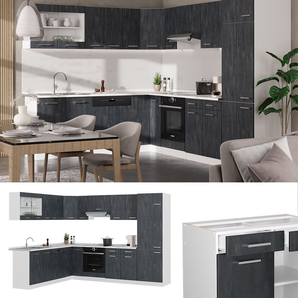 Vicco Eckk&uuml;che R-Line 287x227 cm Schwarz Beton Wei&szlig; ohne Arbeitsplatte 