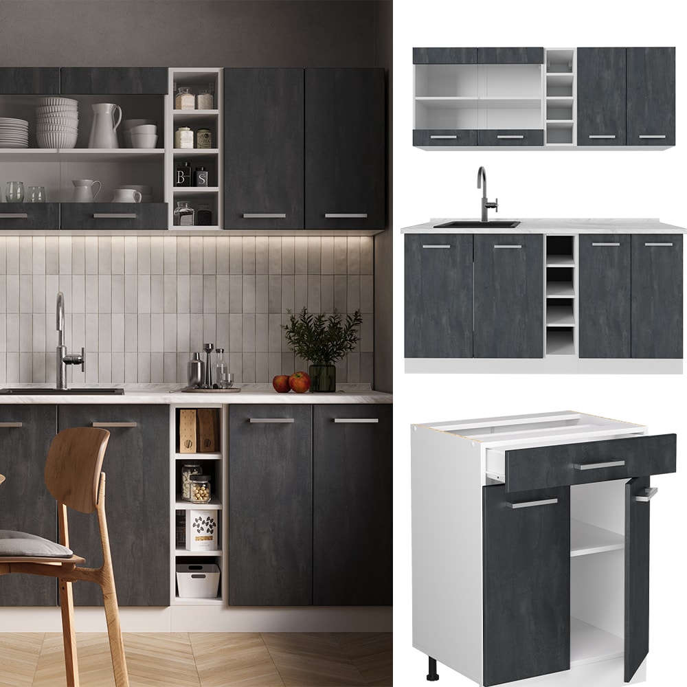 Vicco Singlek&uuml;che R-Line 160 cm Schwarz Beton Wei&szlig; ohne Arbeitsplatte 