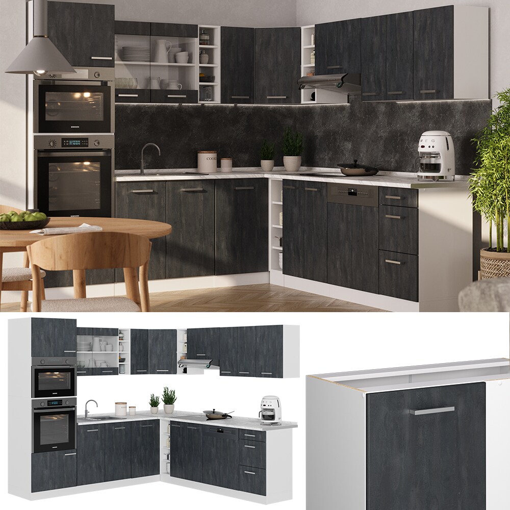 Vicco Eckk&uuml;che R-Line 247x237 cm Schwarz Beton Wei&szlig; ohne Arbeitsplatte 