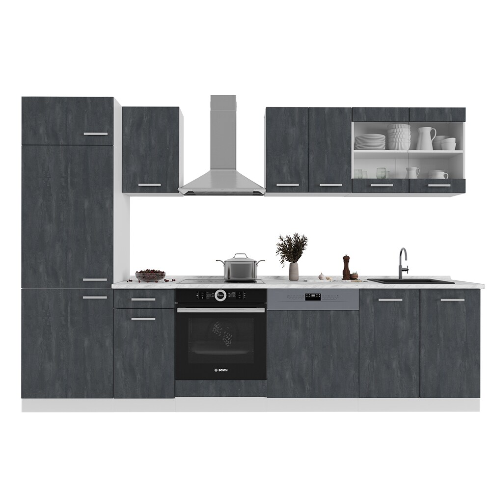 Vicco Küchenzeile R-Line 300 cm Schwarz Beton Weiß mit Arbeitsplatte Anthrazit