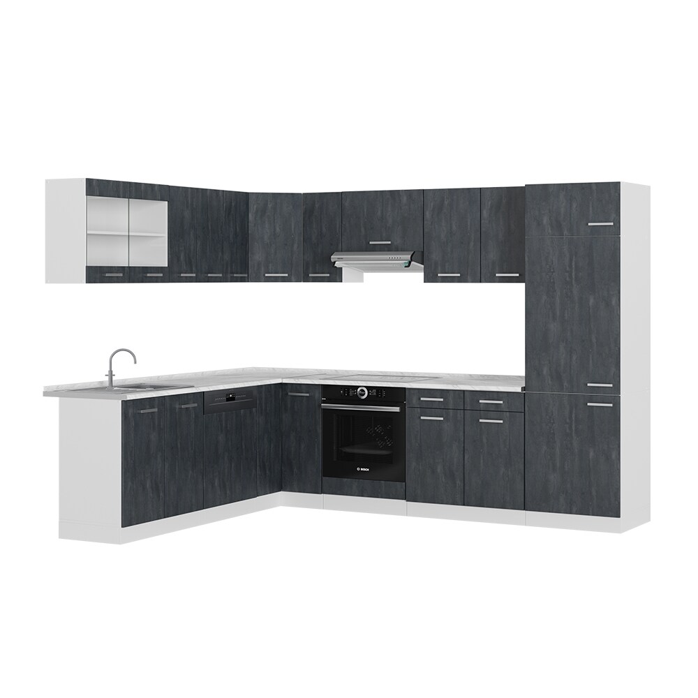 Vicco Eckküche R-Line 287x227 cm Schwarz Beton Weiß mit Arbeitsplatte Anthrazit