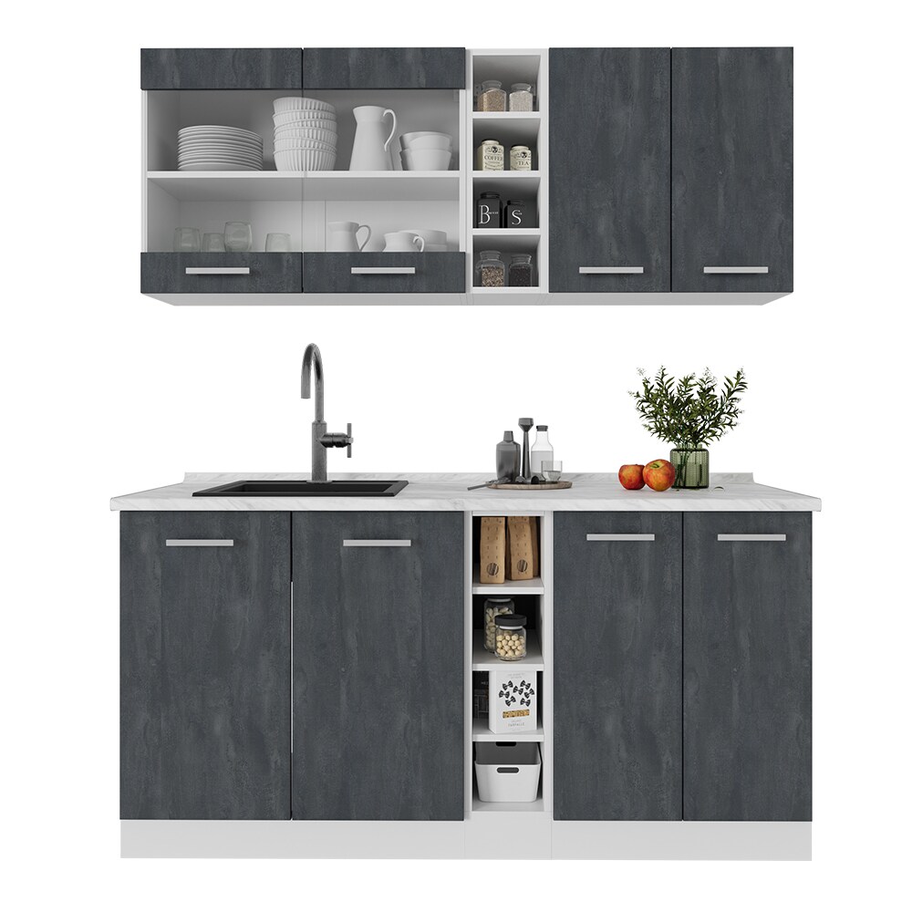 Vicco Singleküche R-Line 160 cm Schwarz Beton Weiß mit Arbeitsplatte Anthrazit