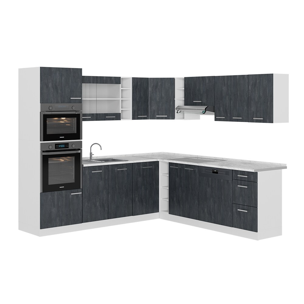 Vicco Eckküche R-Line 247x237 cm Schwarz Beton Weiß mit Arbeitsplatte Anthrazit