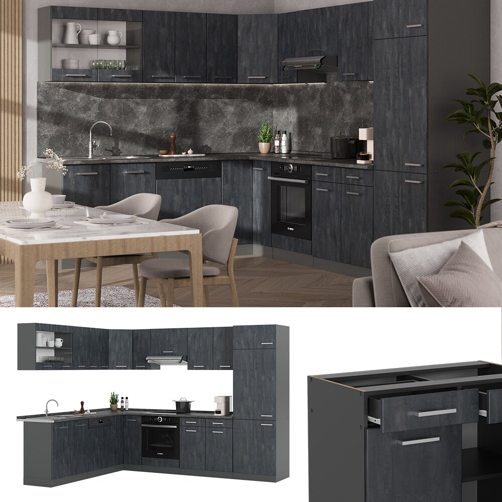 Vicco Eckk&uuml;che R-Line 287x227 cm Schwarz Beton Anthrazit ohne Arbeitsplatte 