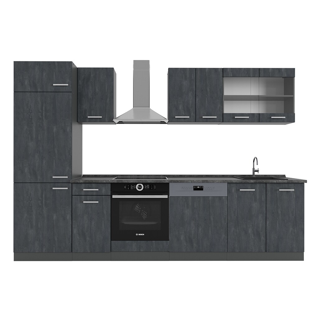 Vicco Küchenzeile R-Line 300 cm Schwarz Beton Anthrazit mit Arbeitsplatte Weiß-Marmor