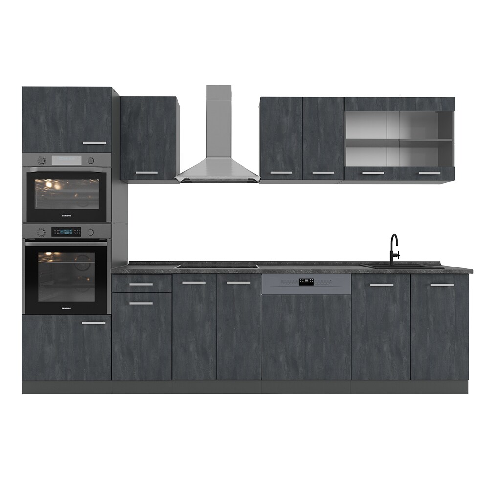 Vicco Küchenzeile R-Line 300 cm Schwarz Beton Anthrazit mit Arbeitsplatte Eiche